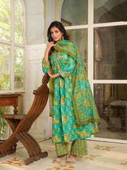 Women Green Rayon Blend Ethnic Motifs Printed Straight Kurta Palazzos With Dupatta-VKSKD2371