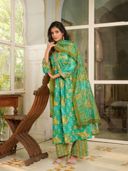 Women Green Rayon Blend Ethnic Motifs Printed Straight Kurta Palazzos With Dupatta-VKSKD2371