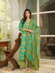 Women Green Rayon Blend Ethnic Motifs Printed Straight Kurta Palazzos With Dupatta-VKSKD2371
