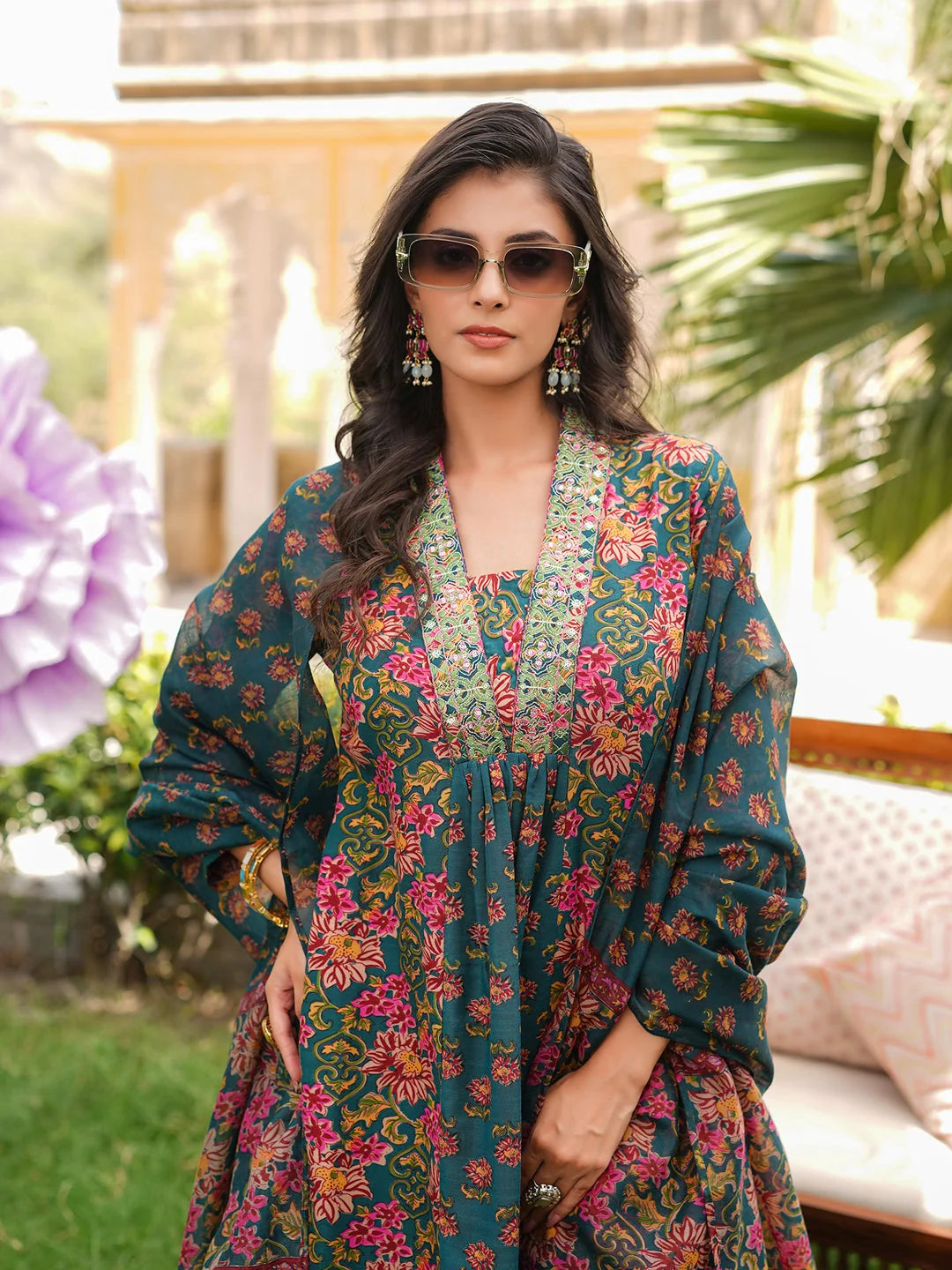 Women Green Rayon Blend Floral Printed A-Line Kurta Palazzos With Dupatta-VKSKD2372