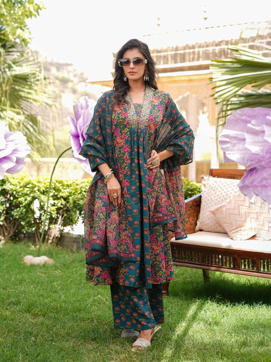 Women Green Rayon Blend Floral Printed A-Line Kurta Palazzos With Dupatta
