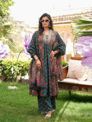 Women Green Rayon Blend Floral Printed A-Line Kurta Palazzos With Dupatta-VKSKD2372