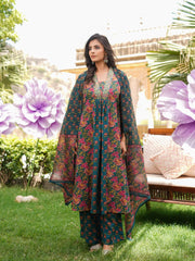Women Green Rayon Blend Floral Printed A-Line Kurta Palazzos With Dupatta-VKSKD2372