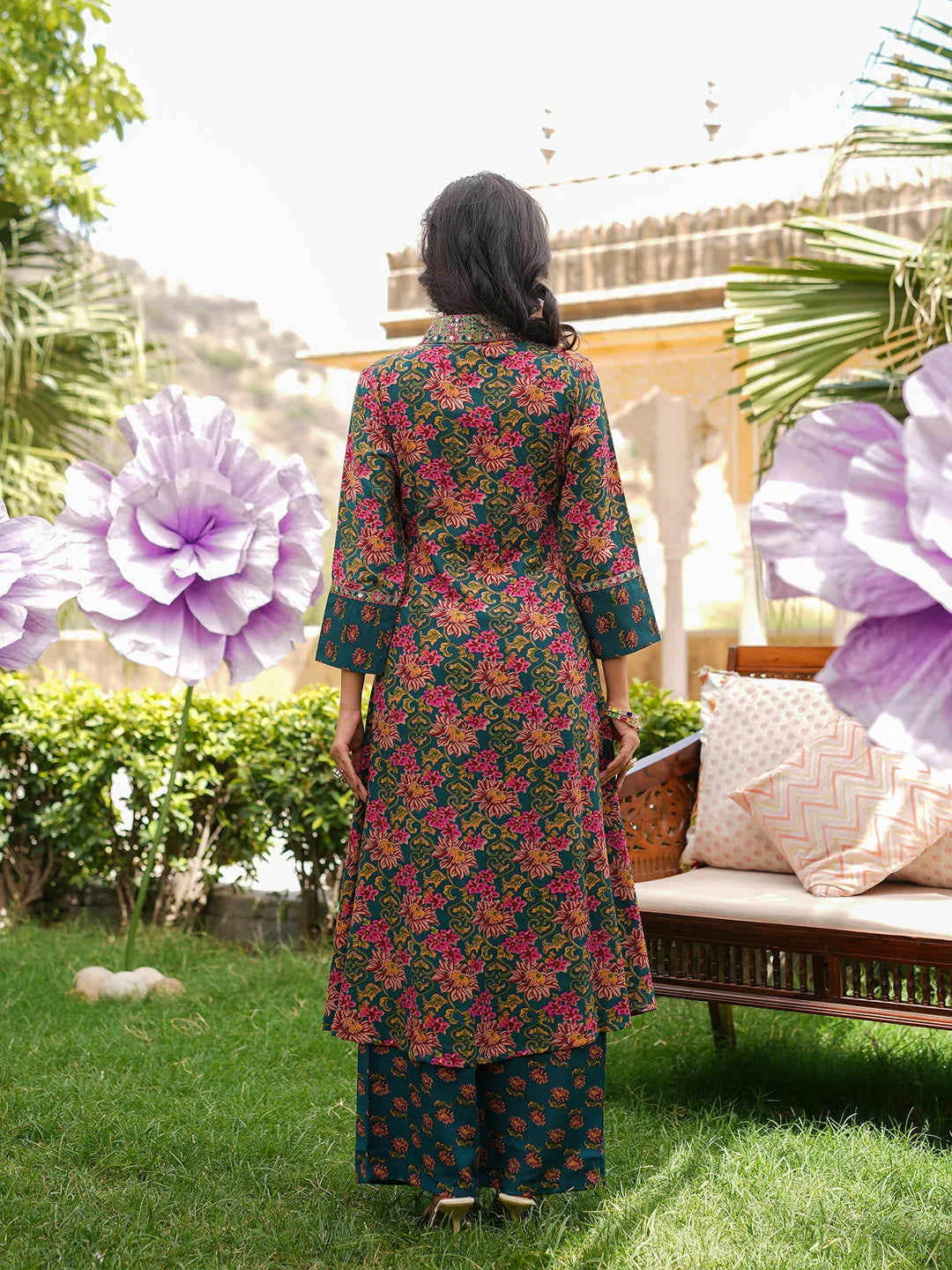 Women Green Rayon Blend Floral Printed A-Line Kurta Palazzos With Dupatta