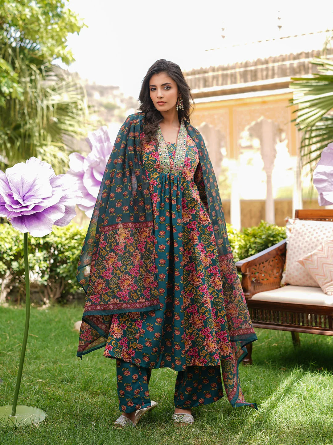 Women Green Rayon Blend Floral Printed A-Line Kurta Palazzos With Dupatta