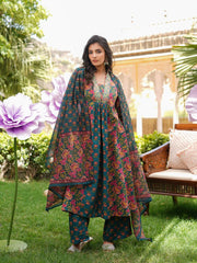 Women Green Rayon Blend Floral Printed A-Line Kurta Palazzos With Dupatta-VKSKD2372