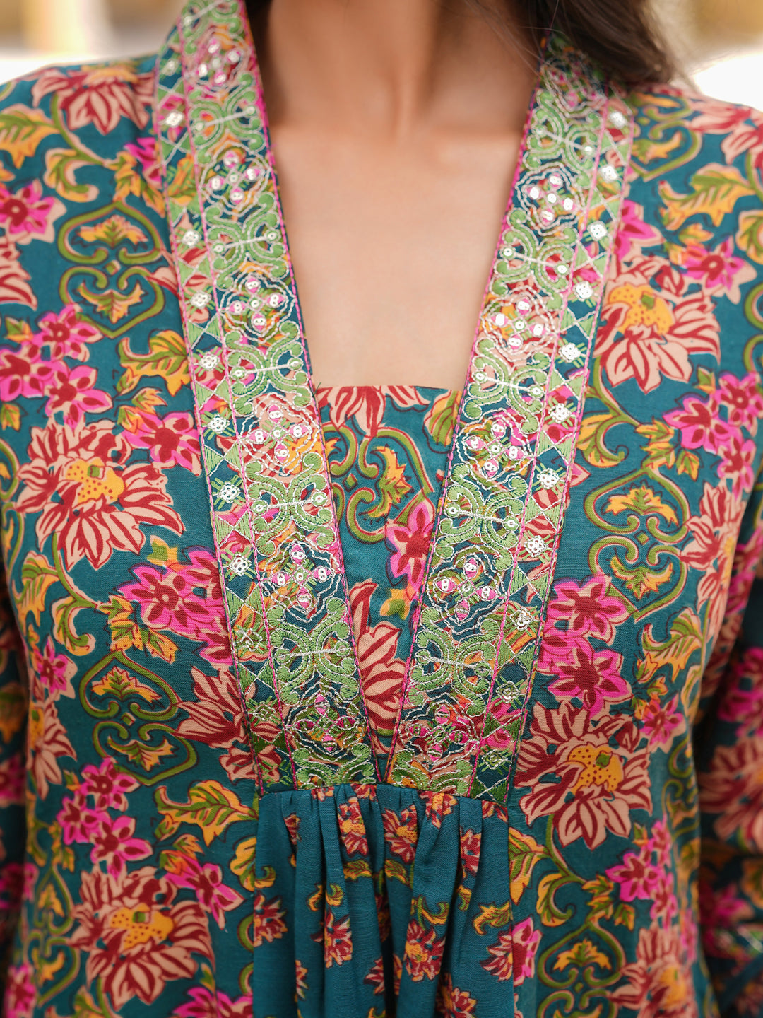 Women Green Rayon Blend Floral Printed A-Line Kurta Palazzos With Dupatta