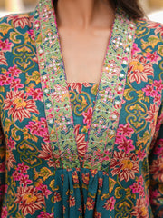 Women Green Rayon Blend Floral Printed A-Line Kurta Palazzos With Dupatta-VKSKD2372