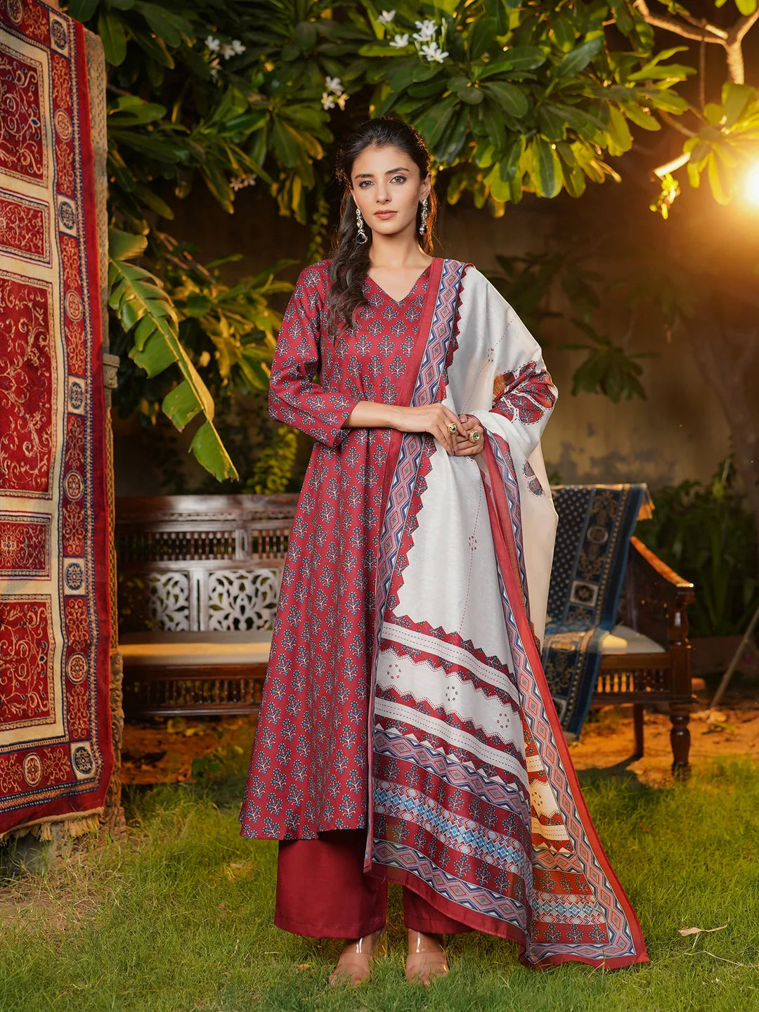 Women Maroon Rayon Blend Floral Printed A-Line Kurta Palazzos With Dupatta