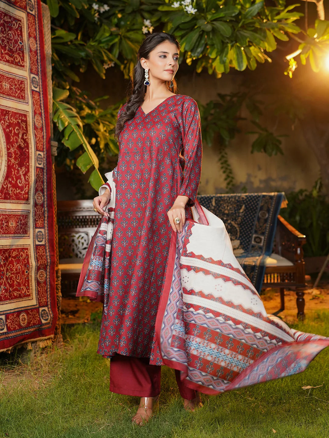 Women Maroon Rayon Blend Floral Printed A-Line Kurta Palazzos With Dupatta