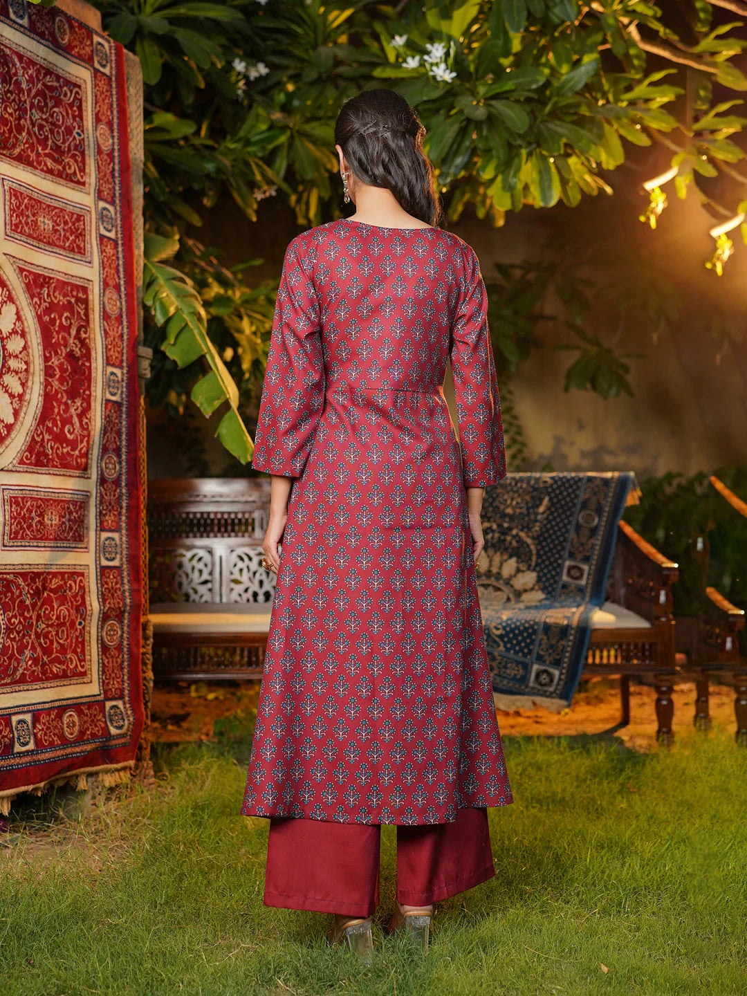 Women Maroon Rayon Blend Floral Printed A-Line Kurta Palazzos With Dupatta