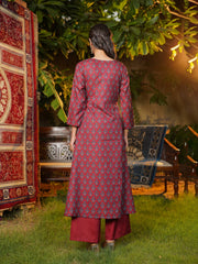 Women Maroon Rayon Blend Floral Printed A-Line Kurta Palazzos With Dupatta-VKSKD2373