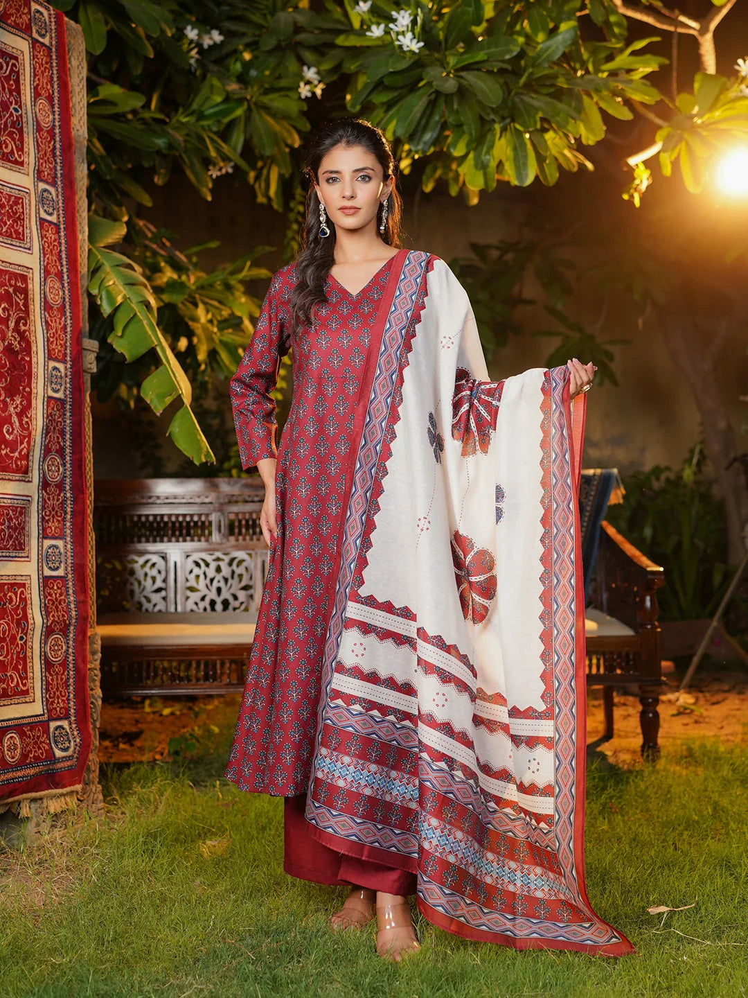Women Maroon Rayon Blend Floral Printed A-Line Kurta Palazzos With Dupatta