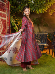 Women Maroon Rayon Blend Floral Printed A-Line Kurta Palazzos With Dupatta-VKSKD2373