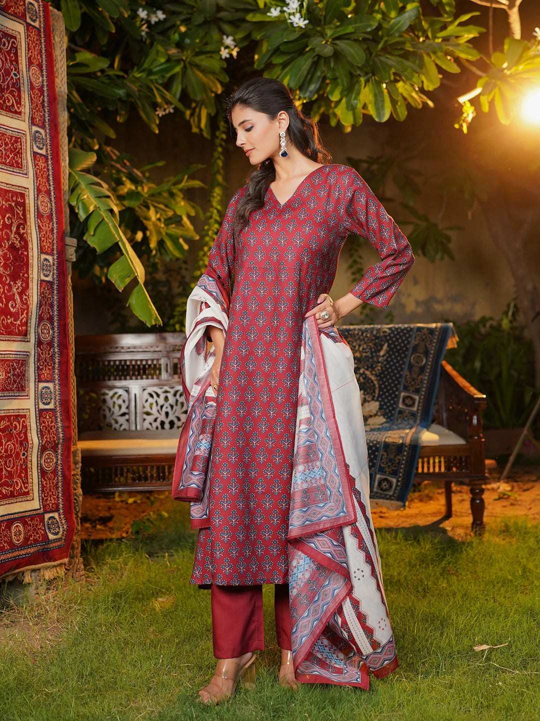 Women Maroon Rayon Blend Floral Printed A-Line Kurta Palazzos With Dupatta