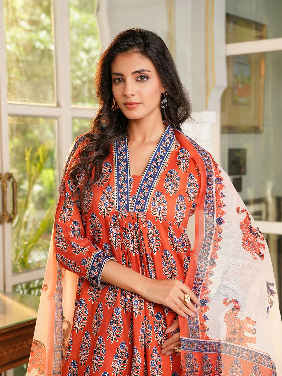 Women Orange Rayon Blend Floral Printed Straight Kurta Palazzos With Dupatta-VKSKD2374