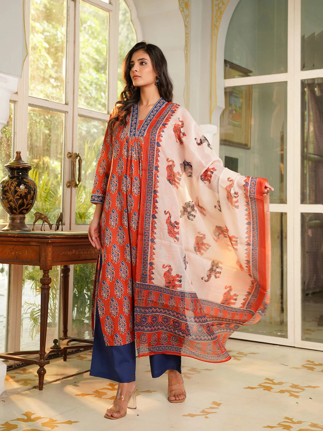 Women Orange Rayon Blend Floral Printed Straight Kurta Palazzos With Dupatta