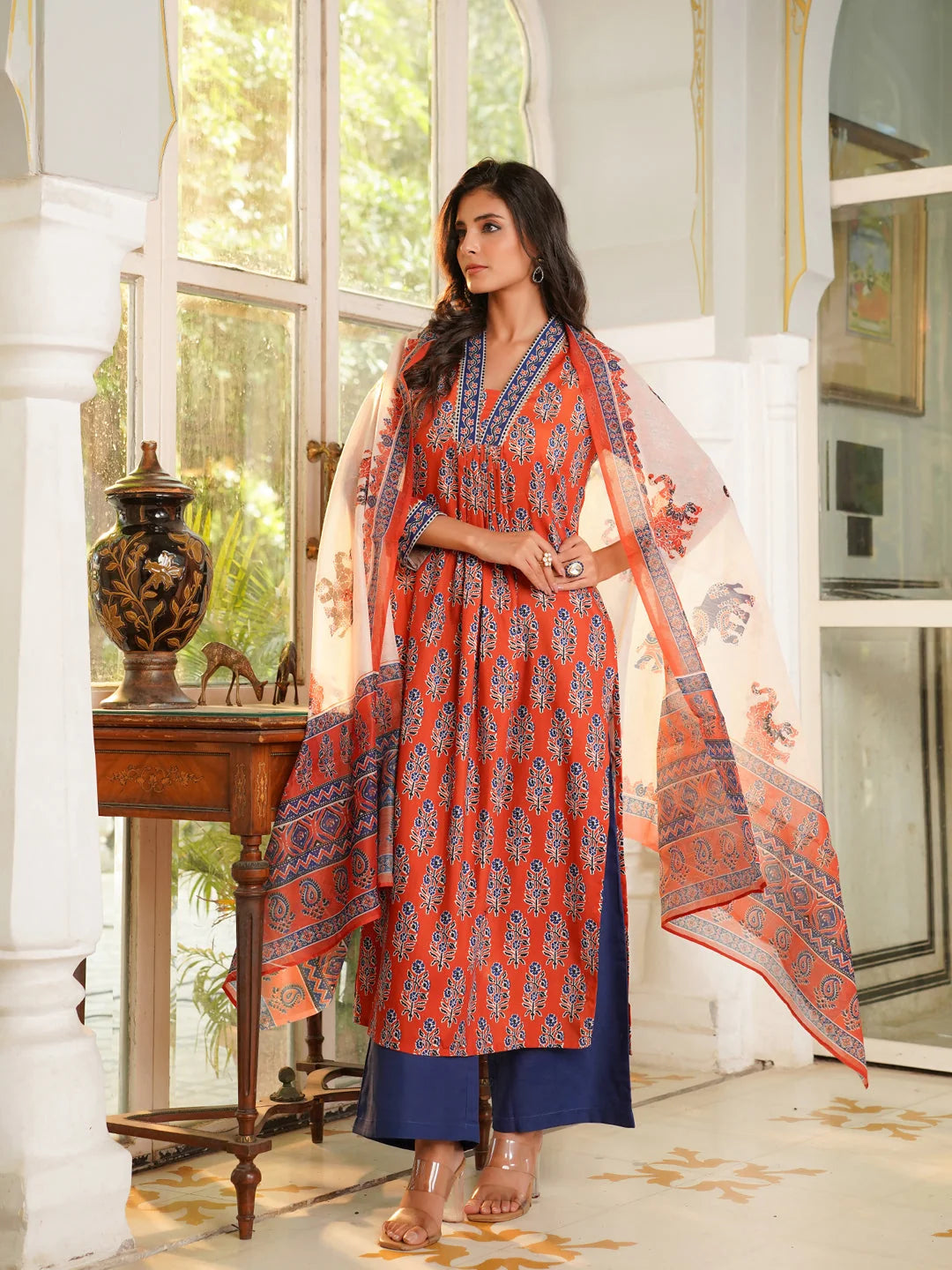Women Orange Rayon Blend Floral Printed Straight Kurta Palazzos With Dupatta