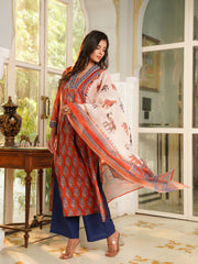 Women Orange Rayon Blend Floral Printed Straight Kurta Palazzos With Dupatta-VKSKD2374