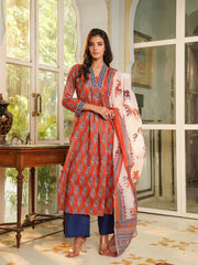Women Orange Rayon Blend Floral Printed Straight Kurta Palazzos With Dupatta-VKSKD2374
