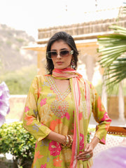 Women Lime Green Viscose Rayon Floral Embroidered Straight Kurta Trousers With Dupatta-VKSKD2375