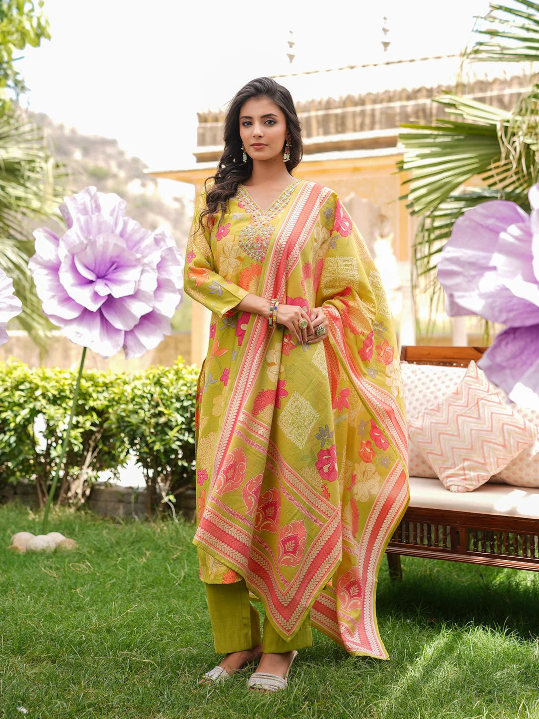 Women Lime Green Viscose Rayon Floral Embroidered Straight Kurta Trousers With Dupatta