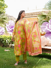 Women Lime Green Viscose Rayon Floral Embroidered Straight Kurta Trousers With Dupatta-VKSKD2375