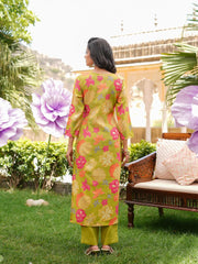 Women Lime Green Viscose Rayon Floral Embroidered Straight Kurta Trousers With Dupatta-VKSKD2375