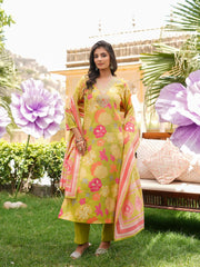 Women Lime Green Viscose Rayon Floral Embroidered Straight Kurta Trousers With Dupatta-VKSKD2375