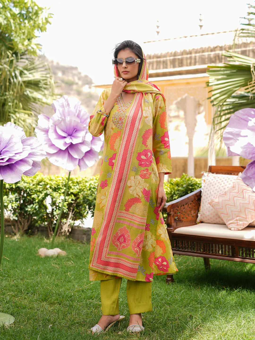 Women Lime Green Viscose Rayon Floral Embroidered Straight Kurta Trousers With Dupatta
