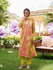 Women Lime Green Viscose Rayon Floral Embroidered Straight Kurta Trousers With Dupatta-VKSKD2375