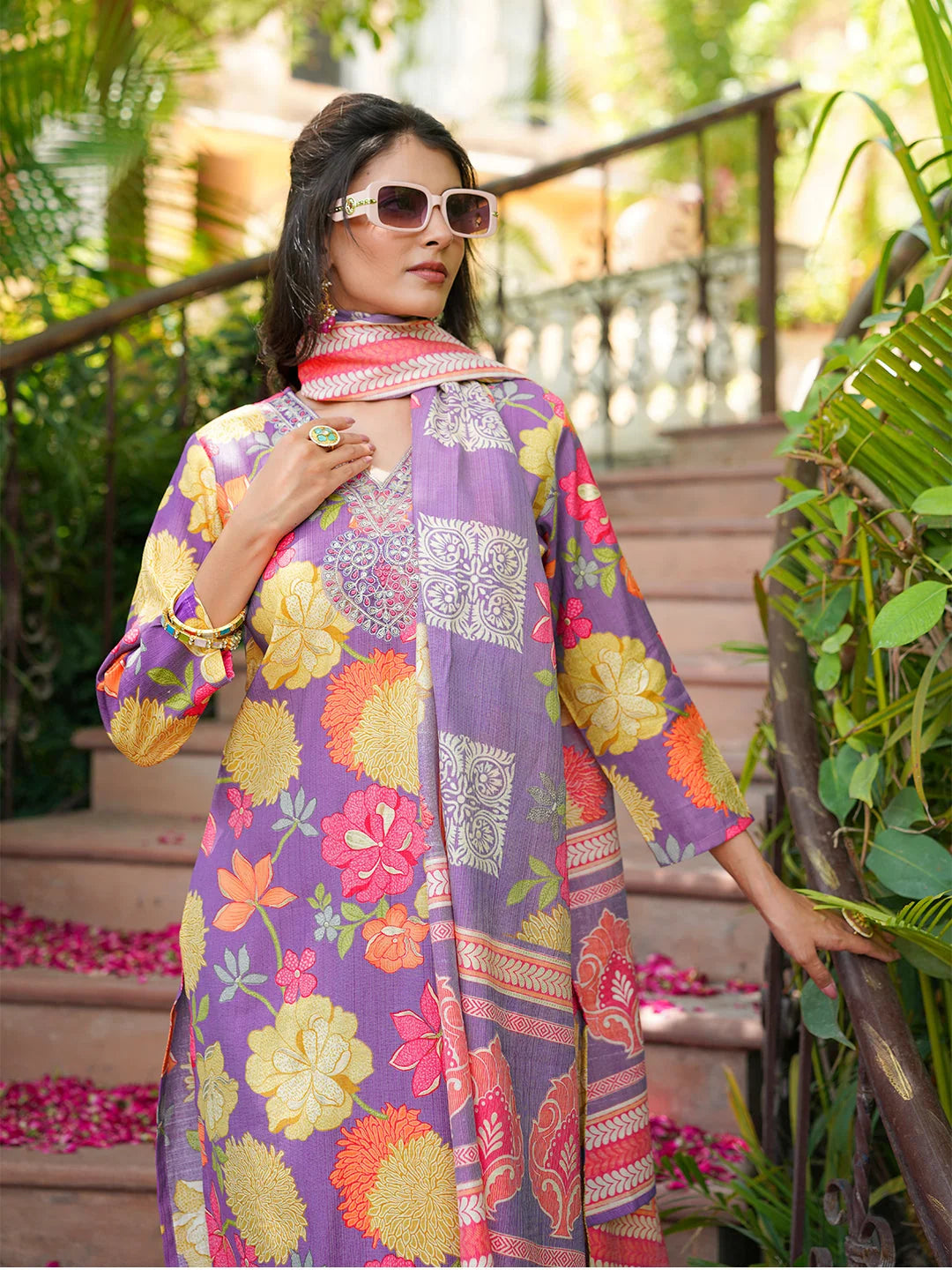 Women Purple Viscose Rayon Floral Embroidered Straight Kurta Trousers With Dupatta