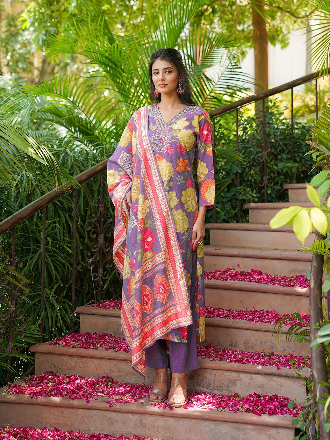 Women Purple Viscose Rayon Floral Embroidered Straight Kurta Trousers With Dupatta