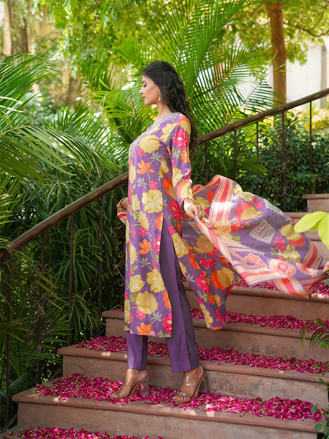 Women Purple Viscose Rayon Floral Embroidered Straight Kurta Trousers With Dupatta