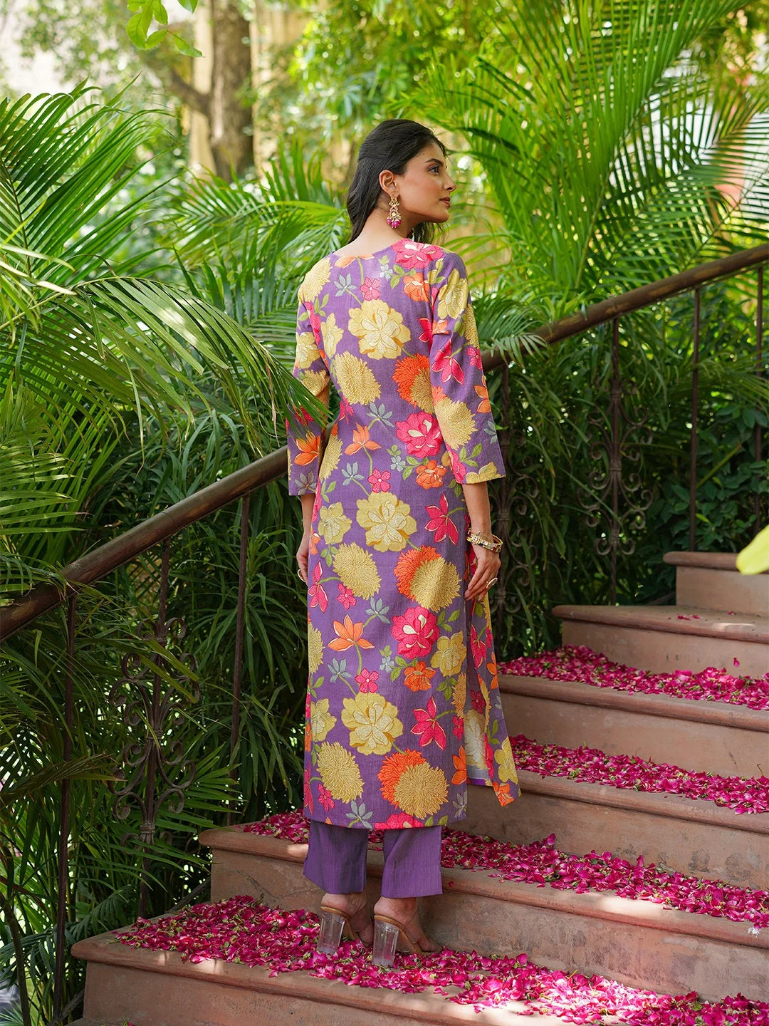 Women Purple Viscose Rayon Floral Embroidered Straight Kurta Trousers With Dupatta