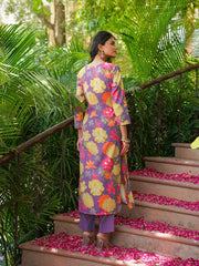 Women Purple Viscose Rayon Floral Embroidered Straight Kurta Trousers With Dupatta-VKSKD2376