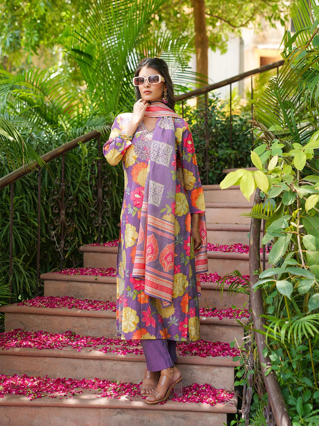 Women Purple Viscose Rayon Floral Embroidered Straight Kurta Trousers With Dupatta