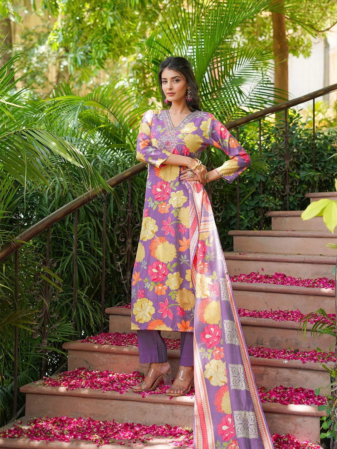 Women Purple Viscose Rayon Floral Embroidered Straight Kurta Trousers With Dupatta