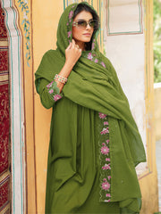 Women Green Viscose Rayon Solid Embroidered Straight Kurta Trousers With Dupatta-VKSKD2377