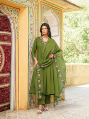 Women Green Viscose Rayon Solid Embroidered Straight Kurta Trousers With Dupatta-VKSKD2377