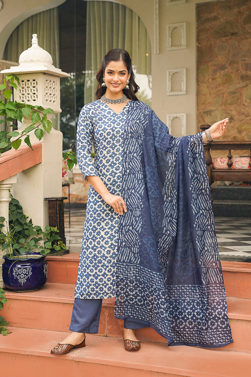 Blue Rayon Blend Floral Printed Straight Kurta Trousers With Dupatta VKSKD2391