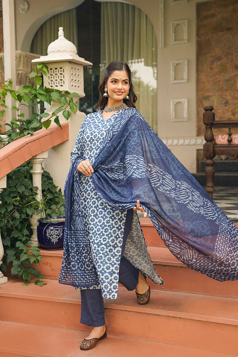 Blue Rayon Blend Floral Printed Straight Kurta Trousers With Dupatta VKSKD2391