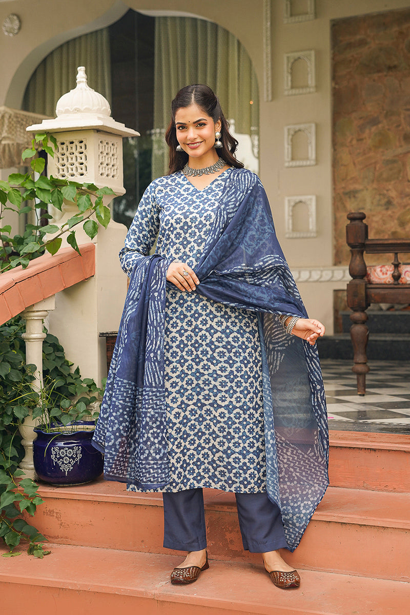Blue Rayon Blend Floral Printed Straight Kurta Trousers With Dupatta VKSKD2391