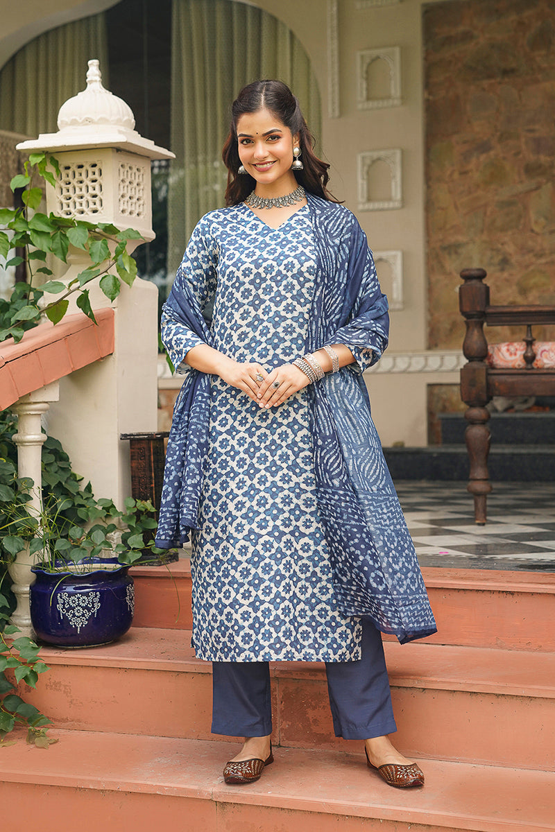 Blue Rayon Blend Floral Printed Straight Kurta Trousers With Dupatta VKSKD2391