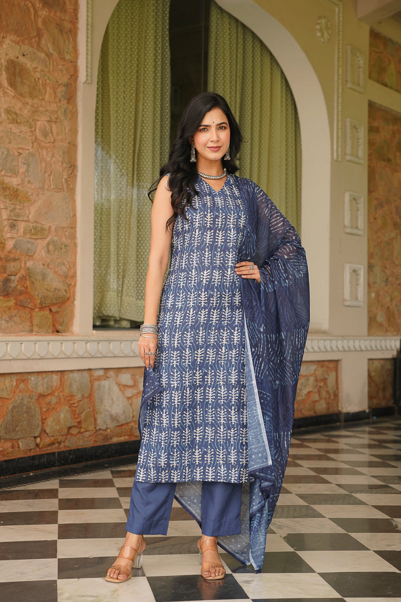 Blue Rayon Blend Ethnic Motifs Printed Straight Kurta Trousers With Dupatta VKSKD2392