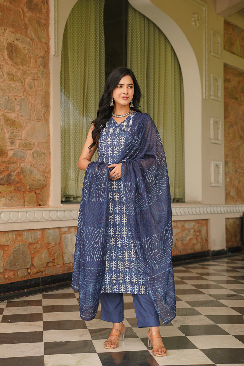 Blue Rayon Blend Ethnic Motifs Printed Straight Kurta Trousers With Dupatta VKSKD2392