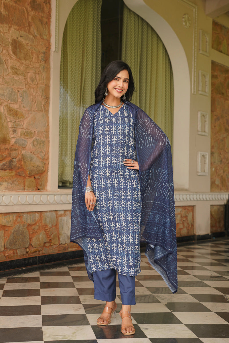 Blue Rayon Blend Ethnic Motifs Printed Straight Kurta Trousers With Dupatta VKSKD2392