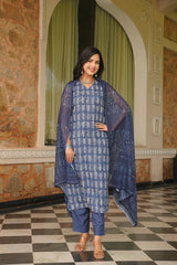 Blue Cotton Blend Printed Straight Kurta Trousers With Dupatta VKSKD2392