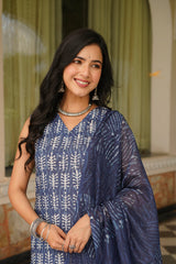 Blue Cotton Blend Printed Straight Kurta Trousers With Dupatta VKSKD2392