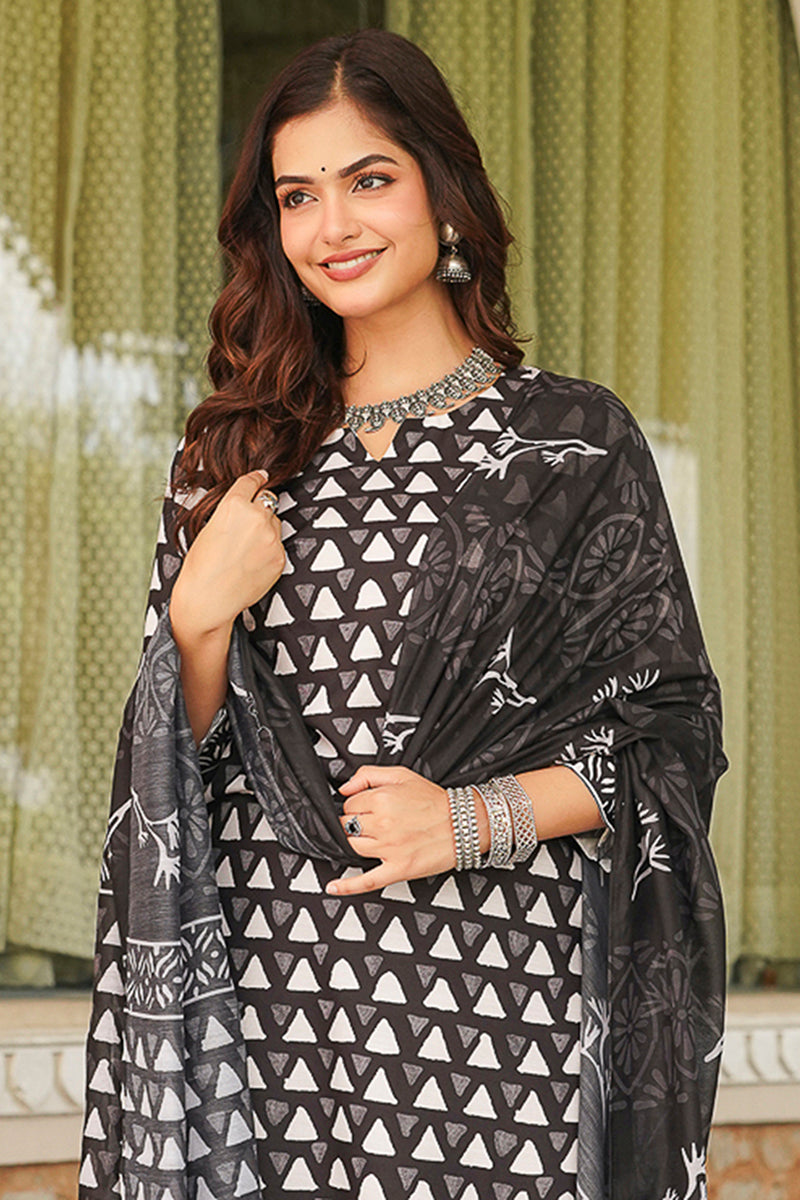 Black Rayon Blend Geometric Printed Straight Kurta Trousers With Dupatta VKSKD2393